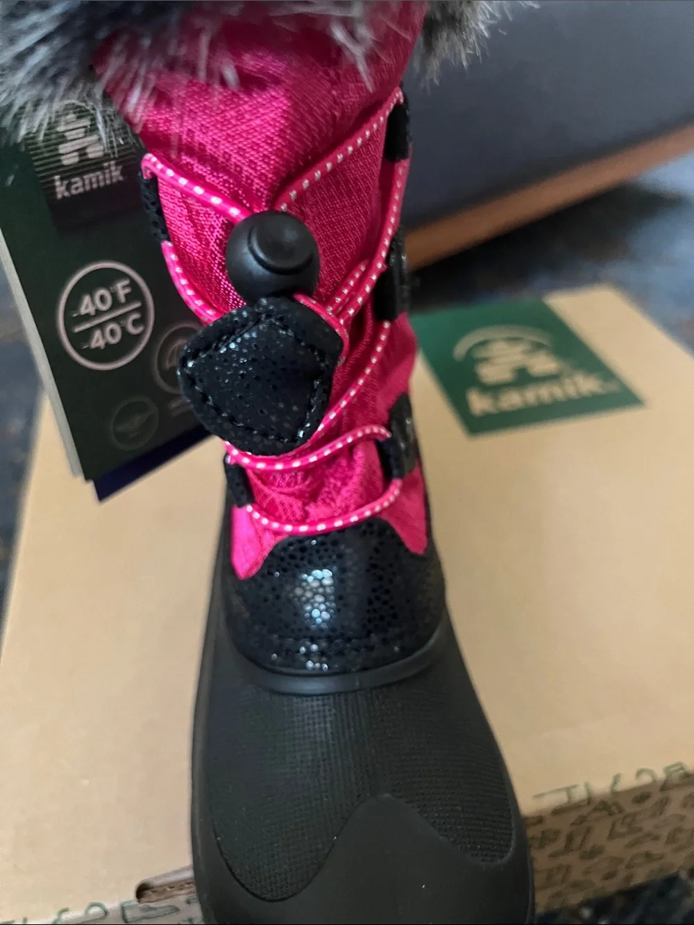Kamik Black and Bright Pink Faux-Fur Cuff Snow Boot
